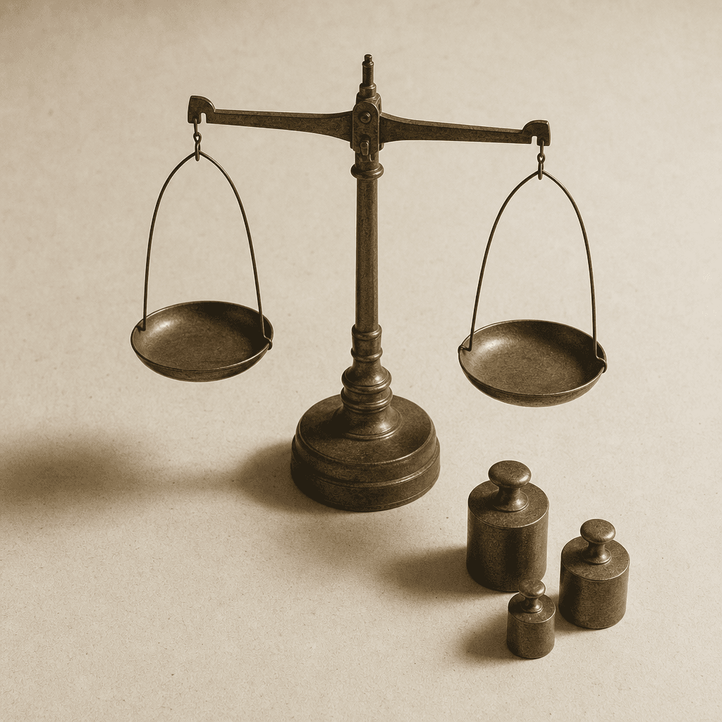 Une balance d'essayeur en laiton et trois poids de contrôle sur du papier.